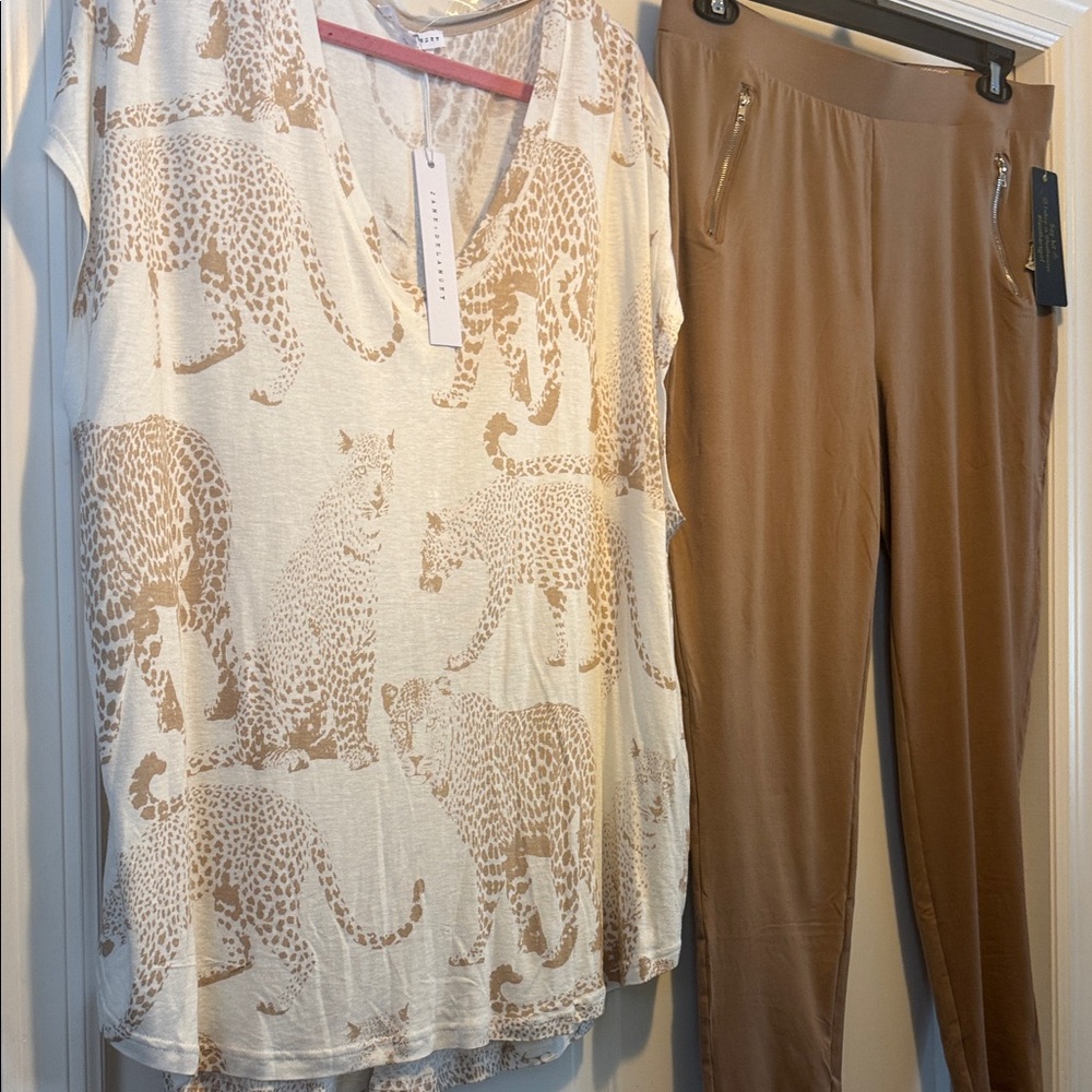 Jane and Delancey Leopard Print Top and Tan Pants Set Top 2X Pants 1X